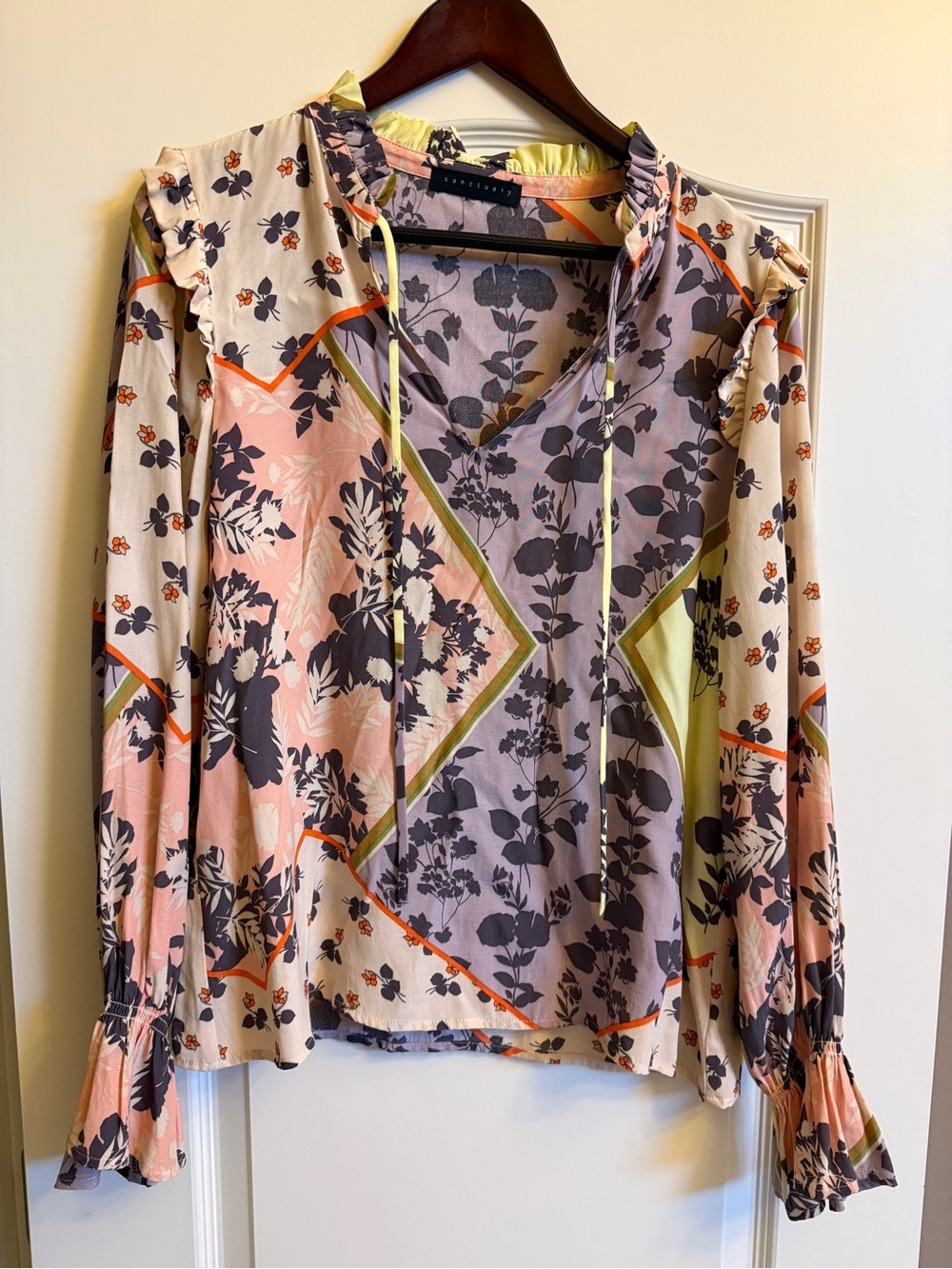 Sanctuary Mixed-Print V-Neck Long Sleeve Top - Pink/coral & Cream